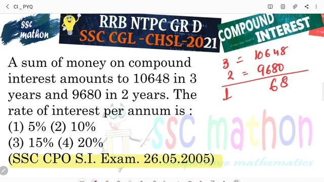 A sum of money on compound interest amounts to 10648 in 3years and 9680 in 2 years. The