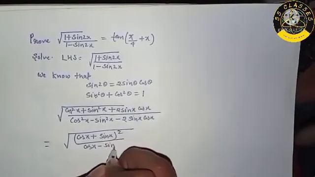sqrt((1 + sin 2x)/(1 - sin 2x)) = tan(pi/4 + x) #12th #MathsSolution #RSAggrawal #NCERT