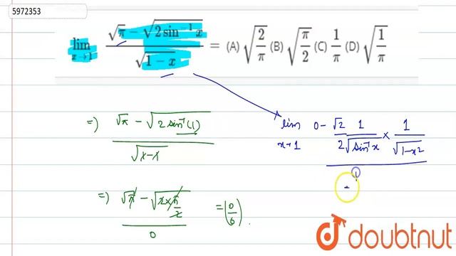 `lim_(xrarr1^(-)) (sqrtpi-sqrt(2sin^-1x))/sqrt(1-x)=` (A) `sqrt(2/pi)` (B) ` смотреть онлайн