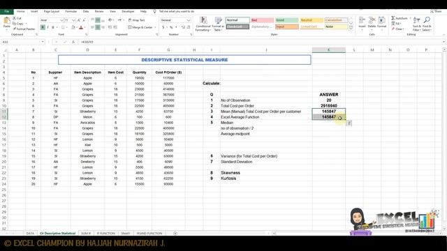 Lesson 4 - Excel Descriptive Statistical Measure :: Part 1 of 2