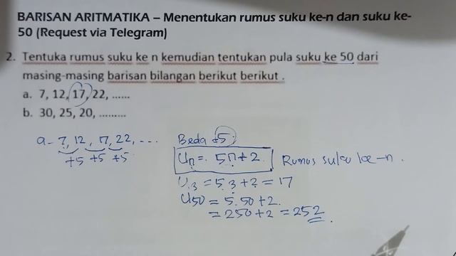 Tutorial BARISAN ARITMATIKA Cara mudah Menentukan Rumus Suku ke-n dan ke-50 - Matematika SMP dan SM