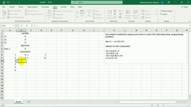Using simplex method to solve linear programming problem by using excel solver | Excel Tutorial 1.7
