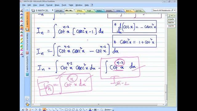 Obtain reduction formula forI n = int cot^n x dx     hence deduce the value of I 4 =