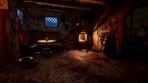 Уютная таверна «Голова кабана» с теплым камином и мелким дождем на крыше