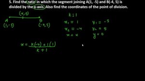 5. Find the ratio in which the segment joining A(1, -5) and B(-4, 5) is divided by the x-axis.