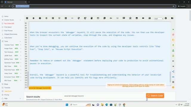 javascript debugger keyword