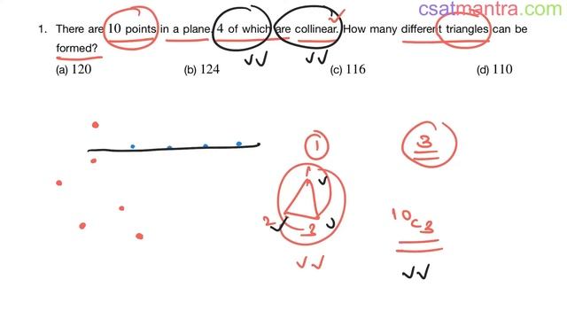 There are 10 points in a plane. 4 of which are collinear. How many different triangles | CSAT MANTR смотреть онлайн