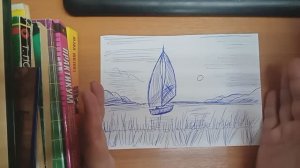 Море, корабль шариковой ручкой