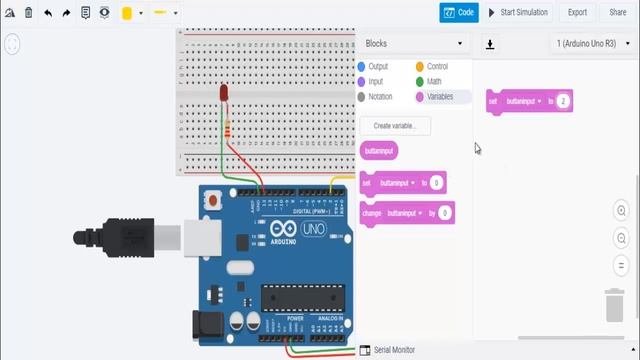 003 Led Control by Push Button by using Block Coding on TinkerCAD
