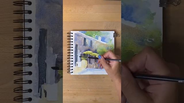 Watercolor Sketching. Yellow Umbrellas. #sketch #watercolor #shortsvideo #restorant