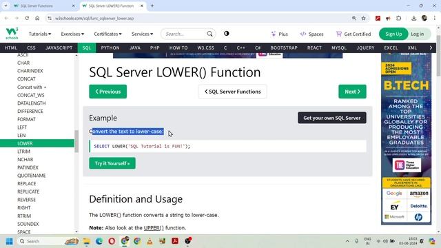 SQL Server Functions | SQL Server String Functions - SQL Server LOWER() Function #12 | 235. W3Schoo