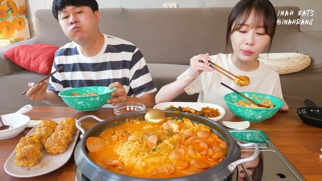 MUKBANGㅣ아침엔 얼큰한 부대찌개로 해장하기🔥 버터밥에 라면사리 비벼서 동그랑땡이랑 먹방♥️ Budaejjigae, Butter rice, ramyun, Meatball