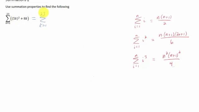 Use summation properties and formulas to evaluate the sum, Sum_(k=1)^23 ( (5k)^2 + 8k ) смотреть онлайн