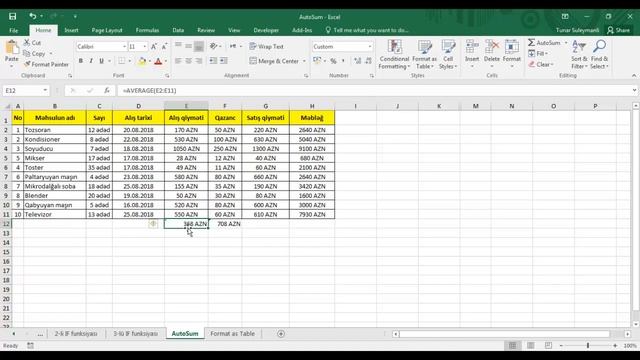 AutoSum (Sum, Average, Max, Min) - Excel dərsləri #27