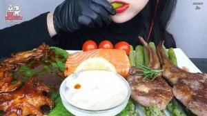 Hongyu ASMR - ASMR Lamb Steak + Salmon + Stir-fry Octopus + Asparagus + Tomato “BITES ONLY”