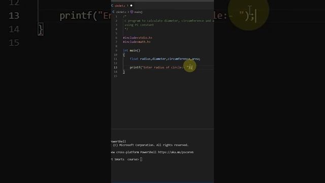 how to find the area diameter and circumference of a circle in c #shorts #c #cprograming