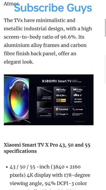 Xiaomi Smart TV X Pro Series With Dolby Vision And Dolby Atmos | 40W Speaker | #xiaomi #tv #shorts