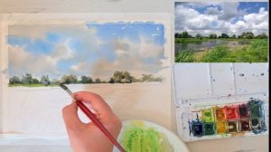 WATERCOLOR Painting TUTORIAL - How to Paint RURAL LANDSCAPE with a RIVER for Beginners.