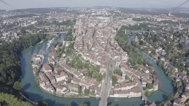 D-Log. Bern, Switzerland. Historic city center, general view, Aare river, Aerial View смотреть онлайн