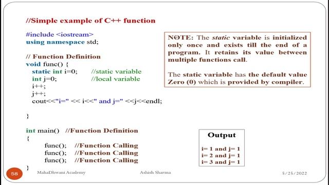 C++ Functions, Types of functions, Default and Parameterized Functions, Call by value and Reference