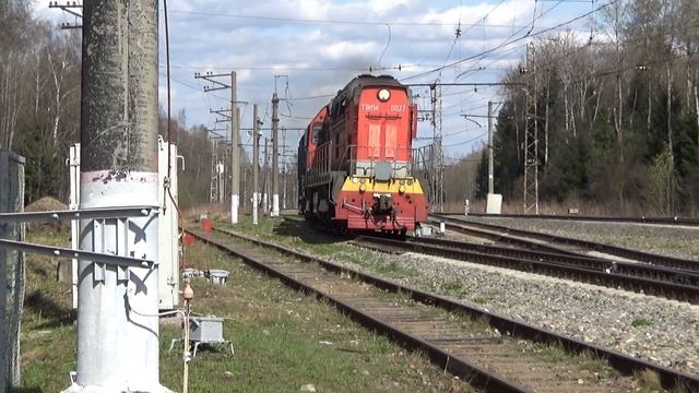 Тепловоз ТЭМ14-0027 маневрирует с вагонами по станции смотреть онлайн