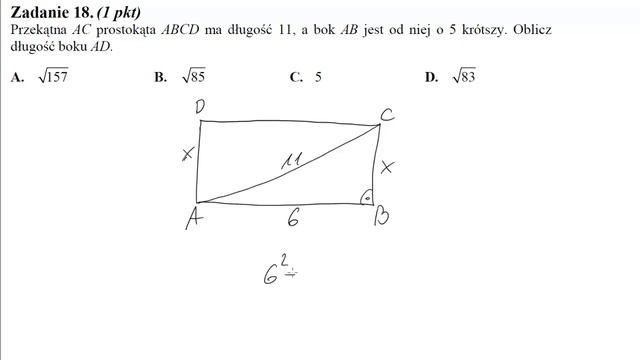 18 Przekątna AC prostokąta ABCD ma długość 11, a bok AB jest od niej o 5 krótszy Oblicz długość bo смотреть онлайн
