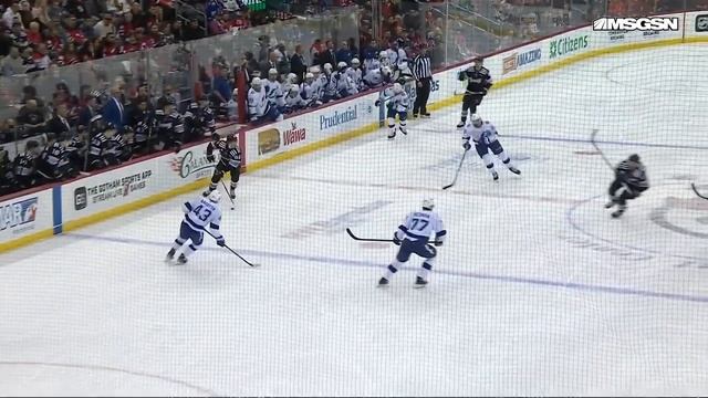 Devils' Jack Hughes Intercepts Pass Before Wiring Shot Top Corner