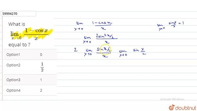 What is `underset(xto0)lim(1-cosx)/(x)` equal to ? смотреть онлайн