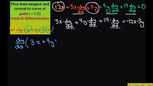 Find lines tangent and normal to curve at (-1, 0) for 6x^2 +3xy+2y^2 + 17y-6 =0. Implicit dy/dx смотреть онлайн