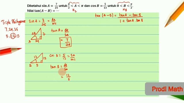 Diketahui sin A = 7/25 dan cos B = 5/13. Nilai tan (A-B) смотреть онлайн