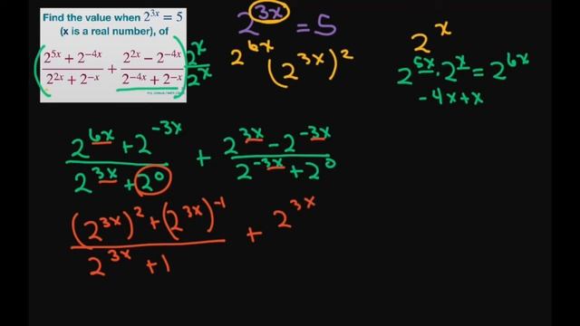 Find value of (2^(5x) + 2^(-4x))/(2^(2x) + 2^(-x)) + (2^(2x) - 2^(-4x))/(2^(-4x)). when 2^(3x) = 5. смотреть онлайн
