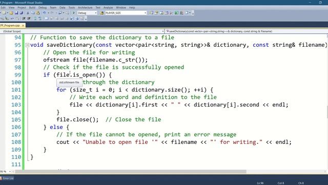 Dictionary program in C++. Vector, erase, ofstream example.