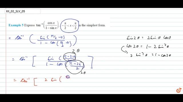 Express `tan^(-1)((cosx)/(1-sinx)),-pi/2 lt x lt pi 2`= in= the= simplest= form. lt = b= gt lt /... смотреть онлайн