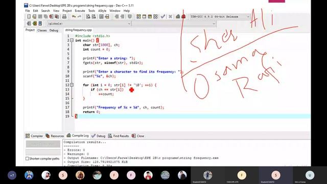 Program to find Character frequency in String using for loop in C/C++