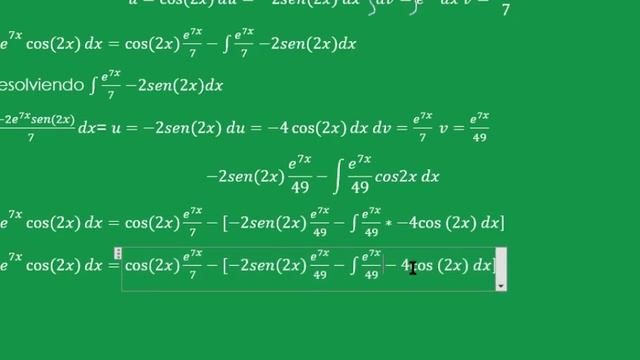 Integral por partes cíclica ∫e^7x cos(2x)dx integral de e elevado a la 7x porcos 2x Paso a paso смотреть онлайн