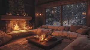 Warm Fireplace & Soft Piano_ Relaxing Holiday Ambience with Snowfall