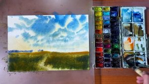 Рисуем акварелью вечернее поле.