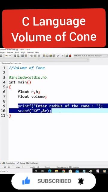 C Language Volume of Cone Calculation |#clanguage#vamshikrishnatutorials #shortsfeed #shortsyoutube