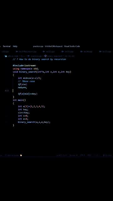 BINARY SEARCH USING RECURSION|C++|#recusion #binarysearch #binarysearchtree #vscode
