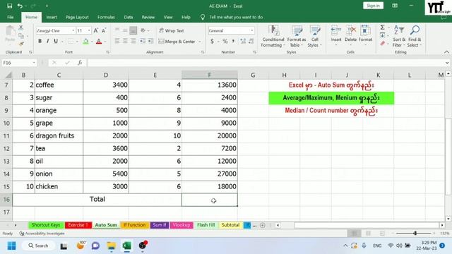 Excel မှာ AutoSum တွက်နည်း/ Average , Maximum , Minimum, Median, count Number