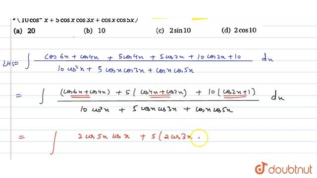 int ((cos 6x+6cos 4x+ 15 cos 2x+10)/(10 cos ^(2) x +5 cos x cos 3 x+ cos x cos 5 x ))dx =f (x)+C... смотреть онлайн