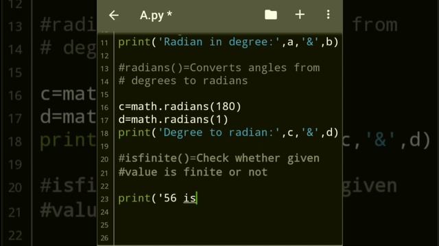 Math functions in #python #Part5  #degrees( )  #radians( ) #isfinite( )