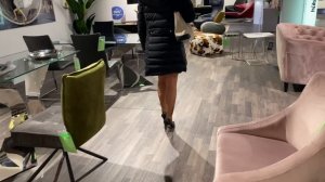 Shopping in black nylon stockings, suspender belt, miniskirt and high heels, walking in public, 4K