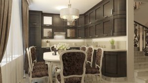 Большая коричневая кухня в стиле неоклассика - идеи дизайна интерьера класса люкс