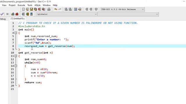 #6 EXAMPLE: c program to check if given number is palindrome or not  using function