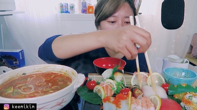 Seafood #3 - SUSHI + Spicy Seafood Udon Soup Mukbang!