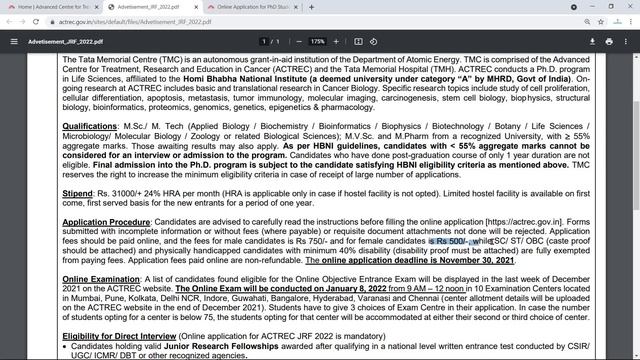 PhD Admission 2021 in ACTREC | TATA MEMORIAL CENTRE | PhD Admission Notice 2022