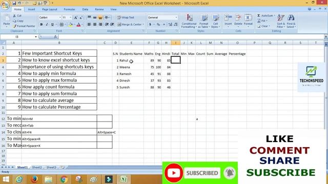 Free Excel Complete tutorial Shortcut keys, Min, Max, Count, Sum, Average, Percentage ! Lecture-3