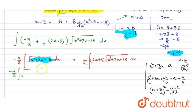 "Evaluate :  `int(x-3)sqrt(x^2+3x-18)dx`" смотреть онлайн