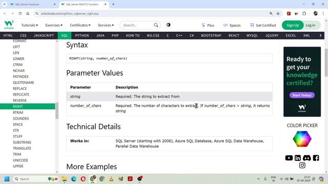 SQL Server Functions | SQL Server String Functions - SQL Server RIGHT() Function #20 | 243. W3Schoo
